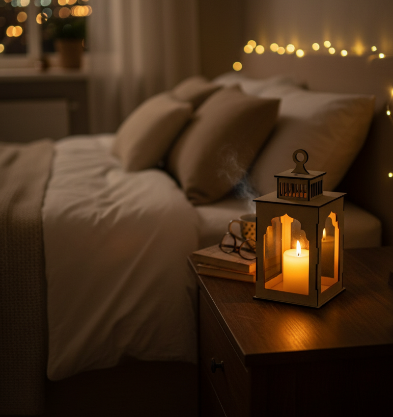MDF lantern with glowing candle beside cozy bedroom setup