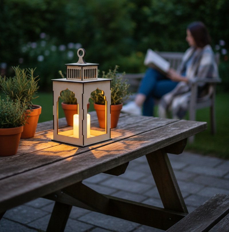Outdoor garden table with MDF lantern casting patterned shadows