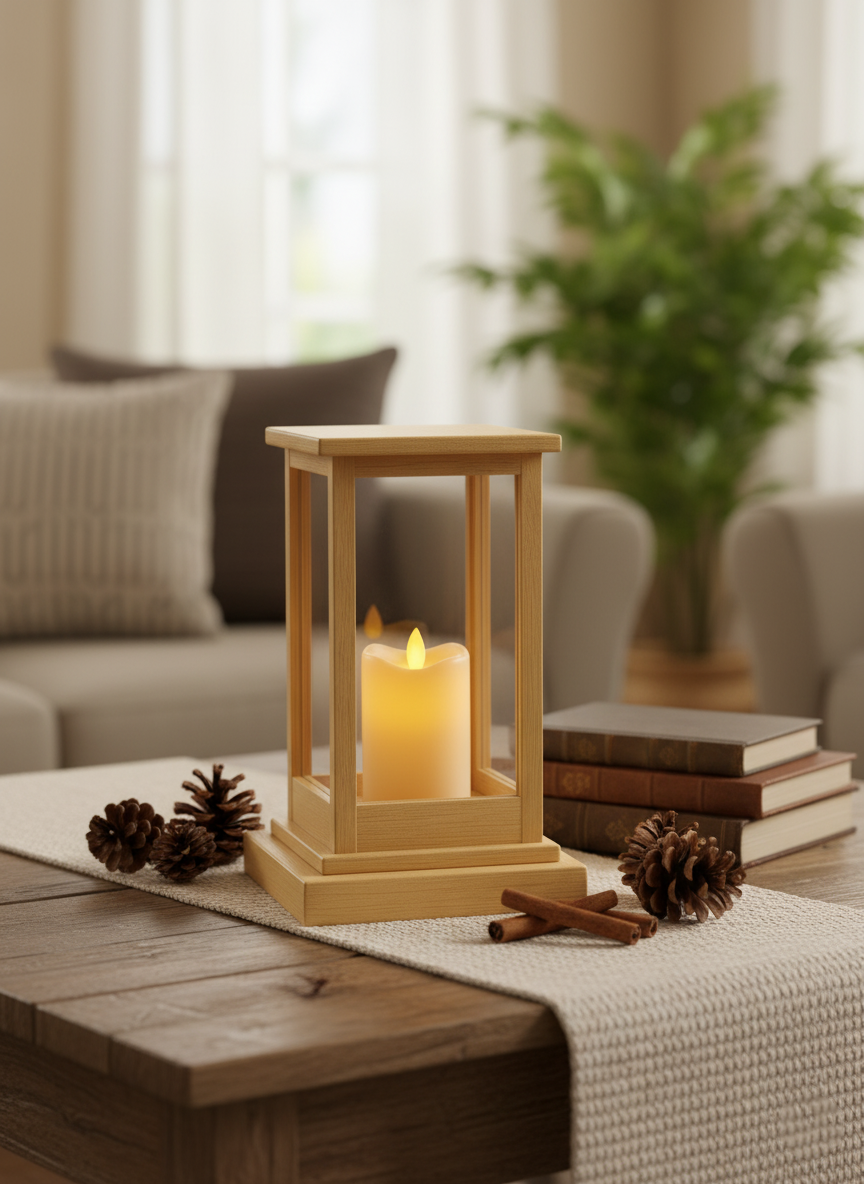 MDF rectangular lantern with lit candle on rustic wooden table, cozy living room décor.