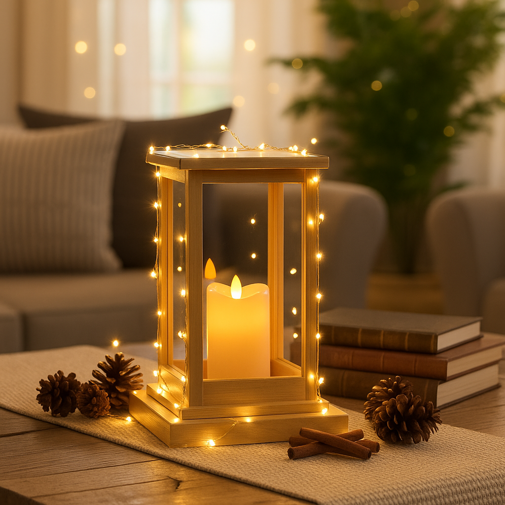 MDF lantern with a lit candle on a table in a cozy living room setting.