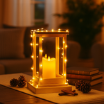 Decorative lantern with a lit candle on a table in a cozy living room setting.