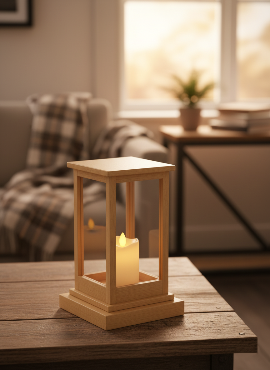 Minimalist MDF lantern with pillar candle, placed on wooden coffee table near sofa.
