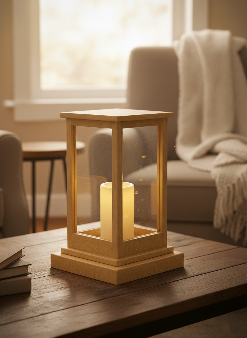Minimalist MDF lantern with pillar candle, placed on wooden coffee table near sofa.