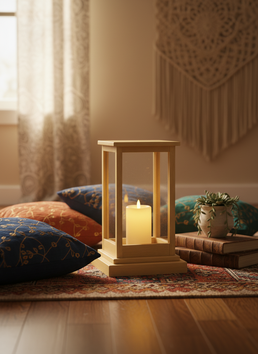 MDF lantern with lit candle on patterned rug, surrounded by cushions.
