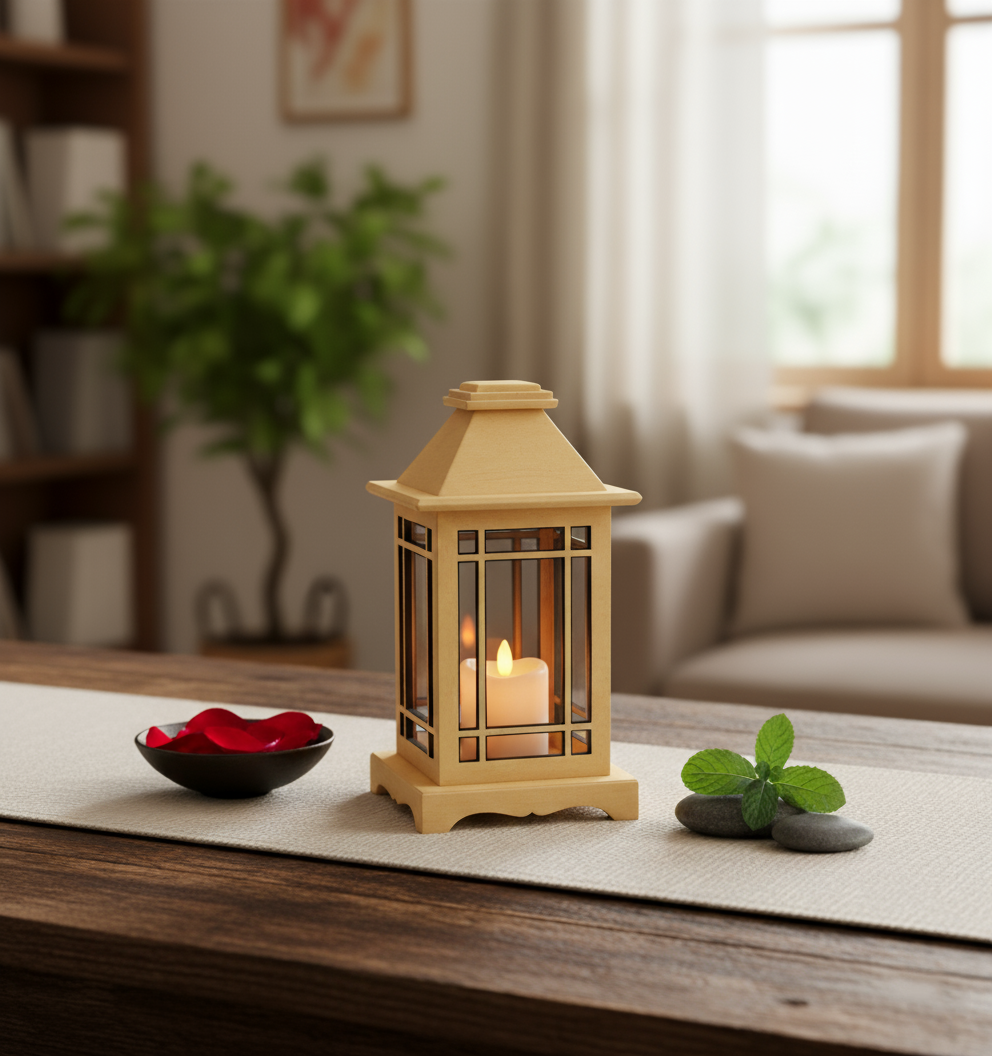 MDF  lantern with lit candle on rustic wooden table with rose petals and spa stones