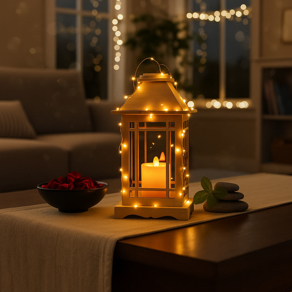 Decorative lantern with lights on a table in a cozy living room setting.