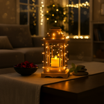 Decorative lantern with lights on a table in a cozy living room setting.