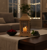 MDF candle lantern glowing warmly on living room table with night lights in background