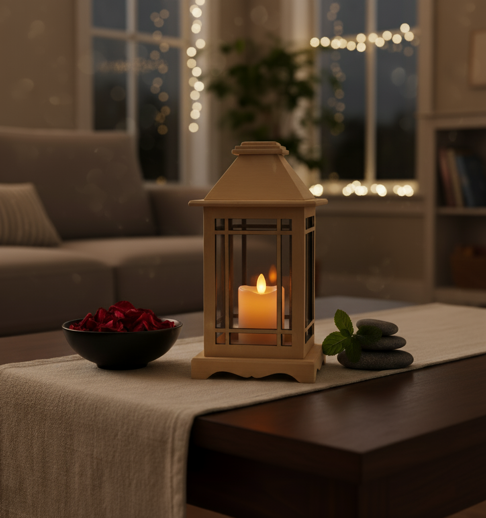 MDF candle lantern glowing warmly on living room table with night lights in background