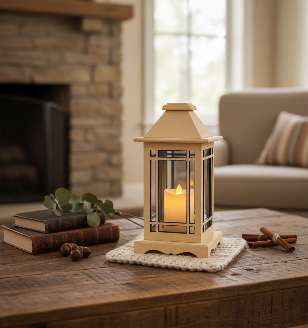 Decorative MDF lantern with candle placed on knitted mat on wooden coffee table