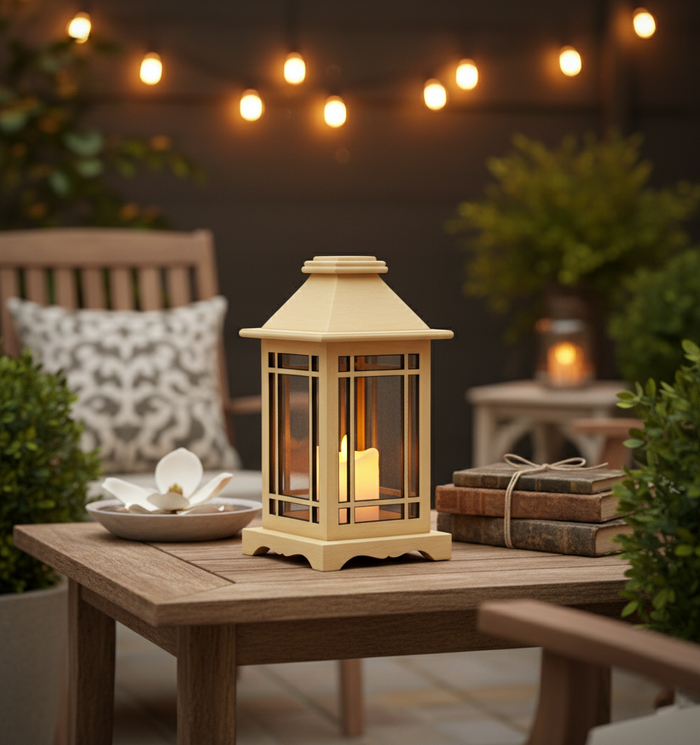 Outdoor setting with MDF candle lantern glowing on patio table surrounded by plants