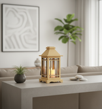 Minimalist MDF lantern with candle on modern console table with decor accents