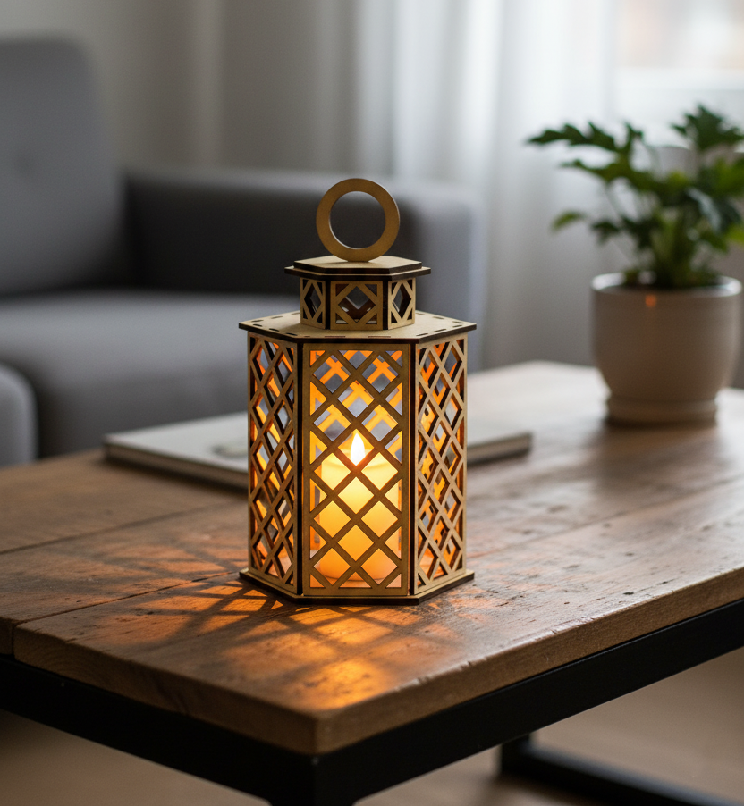 MDF lattice lantern with candle on wooden table.