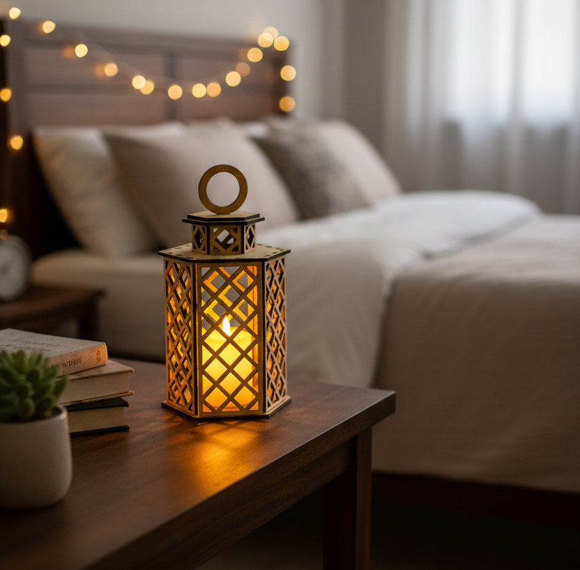 MDF lantern with candle on bedside table and fairy lights.