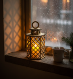 MDF candle lantern on window sill with snowfall view