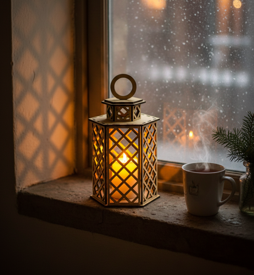 MDF candle lantern on window sill with snowfall view