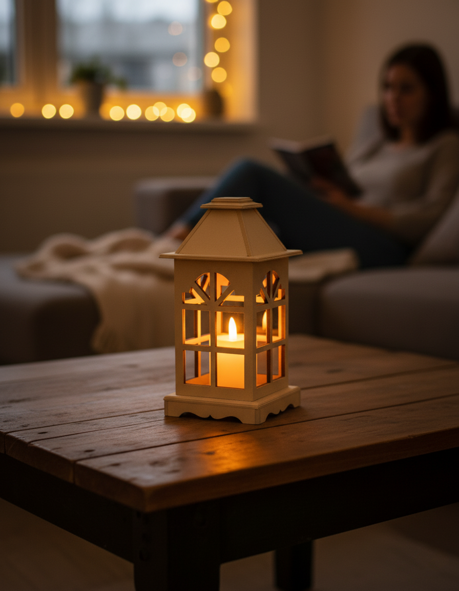 MDF lantern on wooden table with glowing candle inside