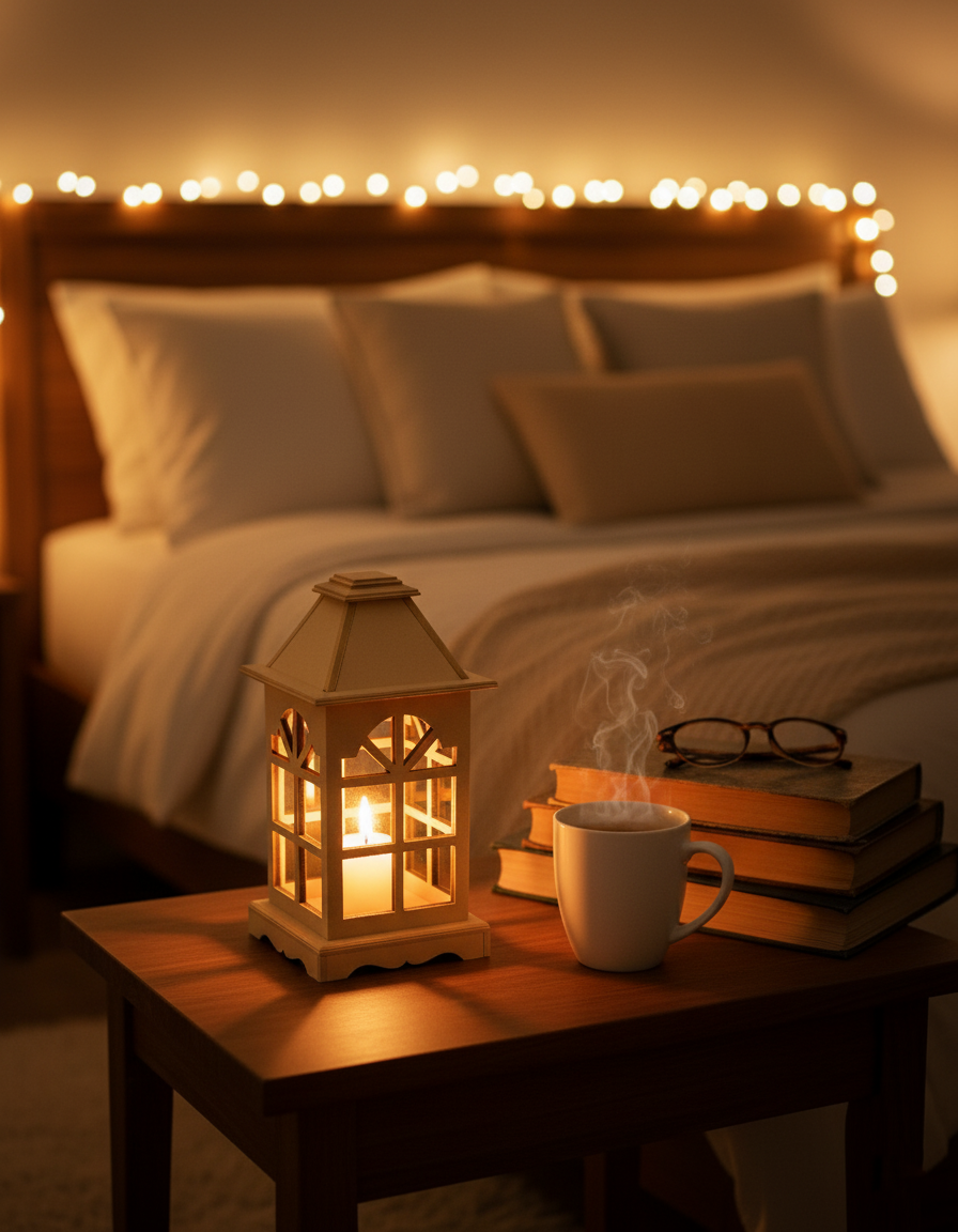 Close-up of MDF lantern with tea light creating warm light