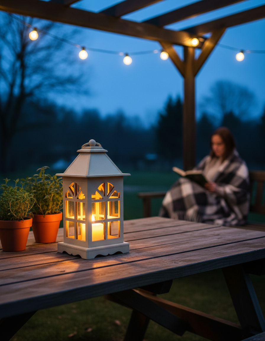 Decorative MDF candle holder on outdoor picnic table at night