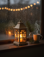 Lantern placed near window with cozy warm glow
