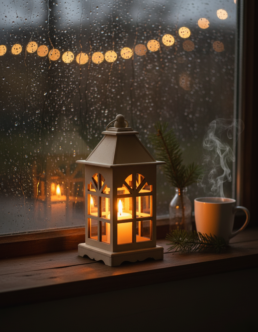 Lantern placed near window with cozy warm glow