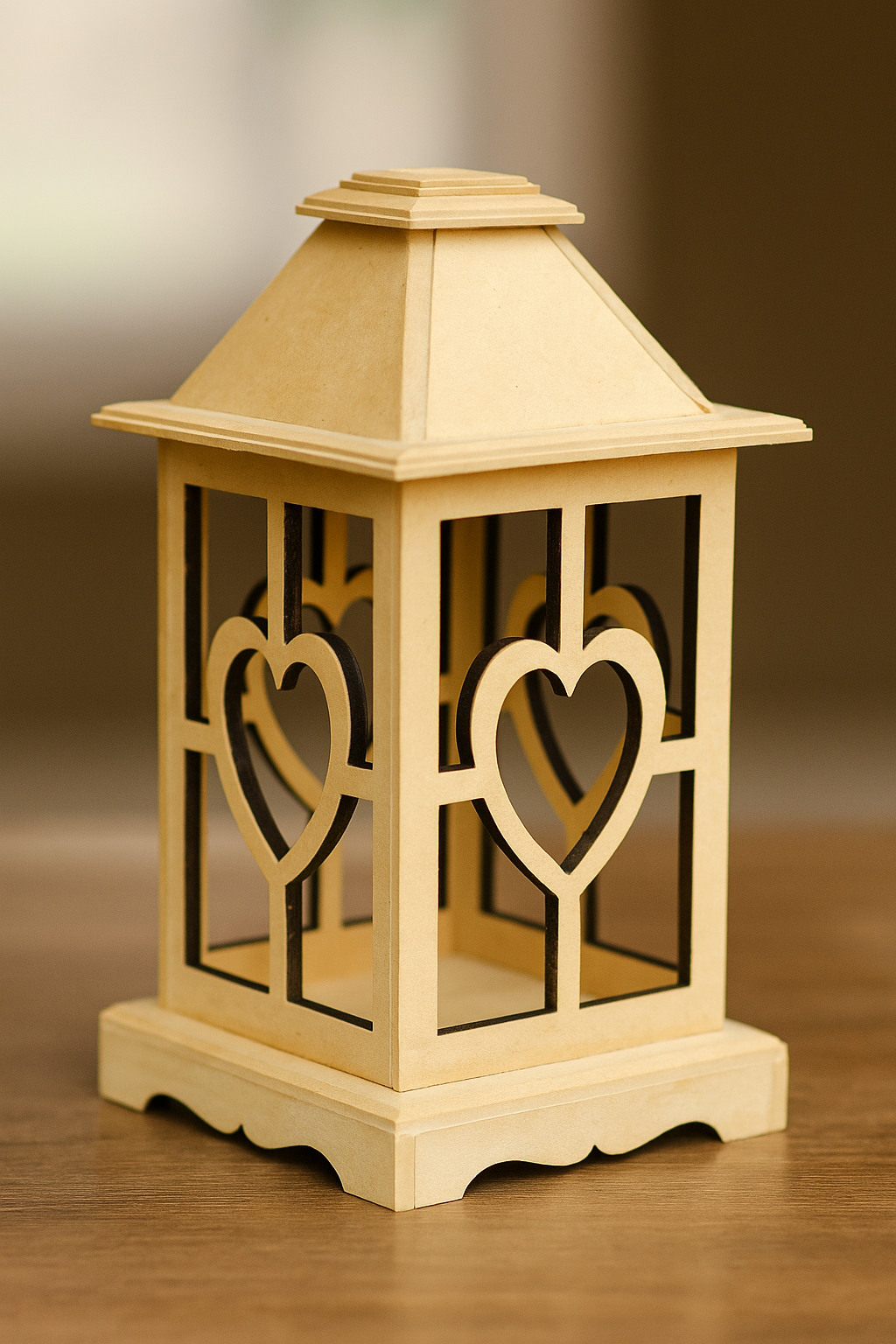MDF heart cutout lantern candle holder with natural wooden finish – decorative lamp for weddings, home and festive décor
