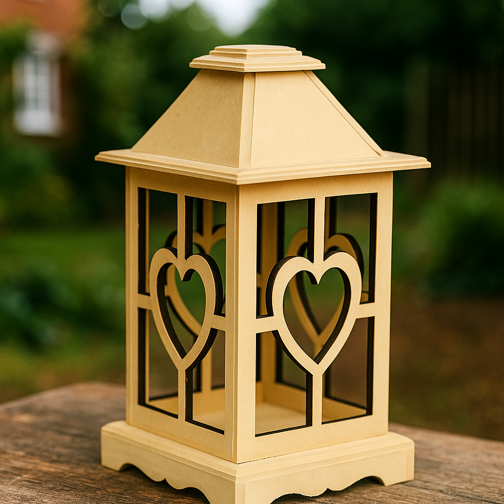 Decorative lantern with heart designs on a wooden surface outdoors