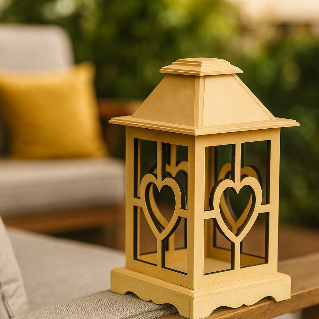 Decorative wooden lantern with heart designs on a table outdoors.