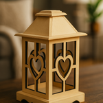 Wooden lantern with heart designs on a blurred background