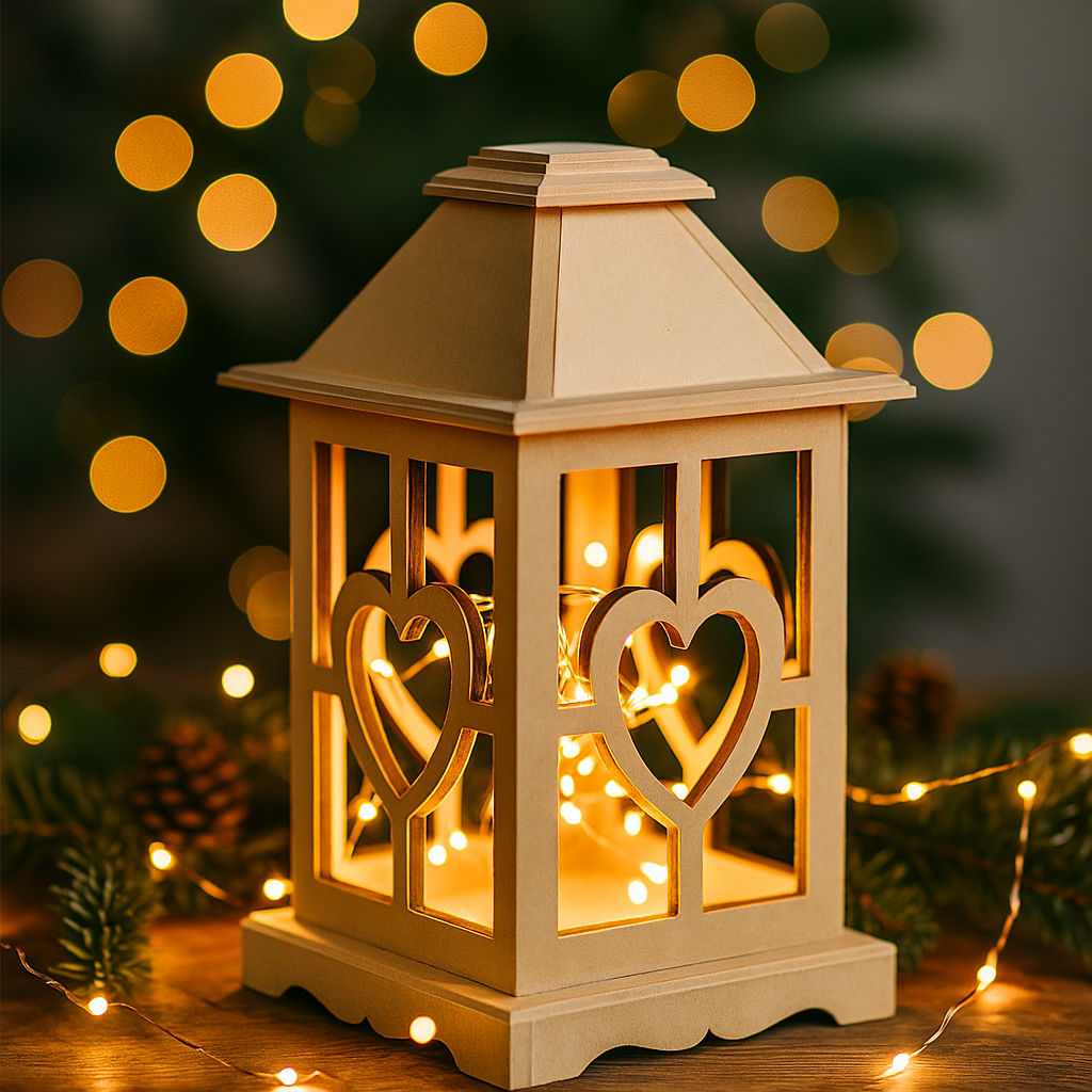 Decorative lantern with heart designs on a wooden surface with blurred lights in the background
