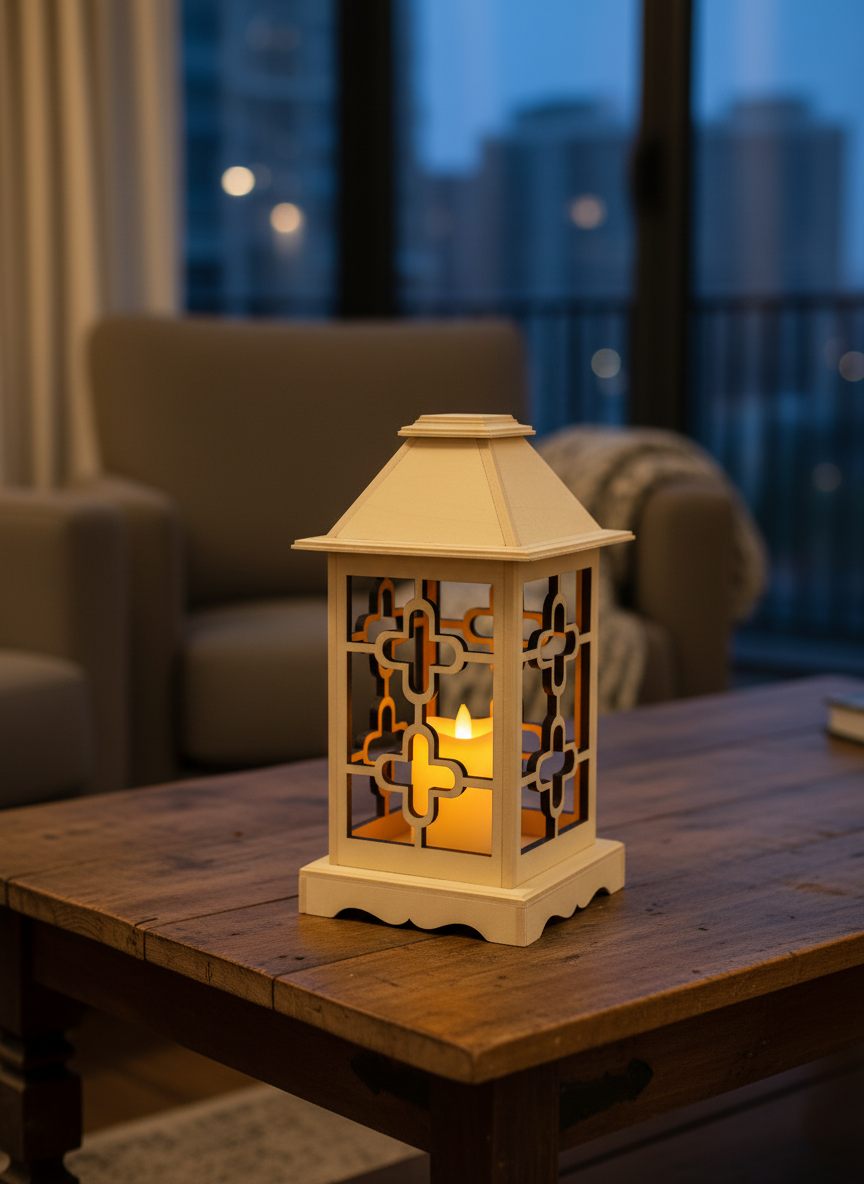MDF Lantern with Geometric Cut Design on Wooden Table with Candle