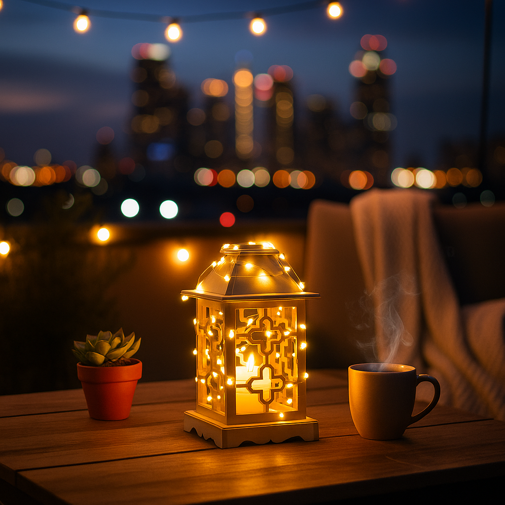 Decorative lantern with string lights on a table with a cup and plant, city lights blurred in the background