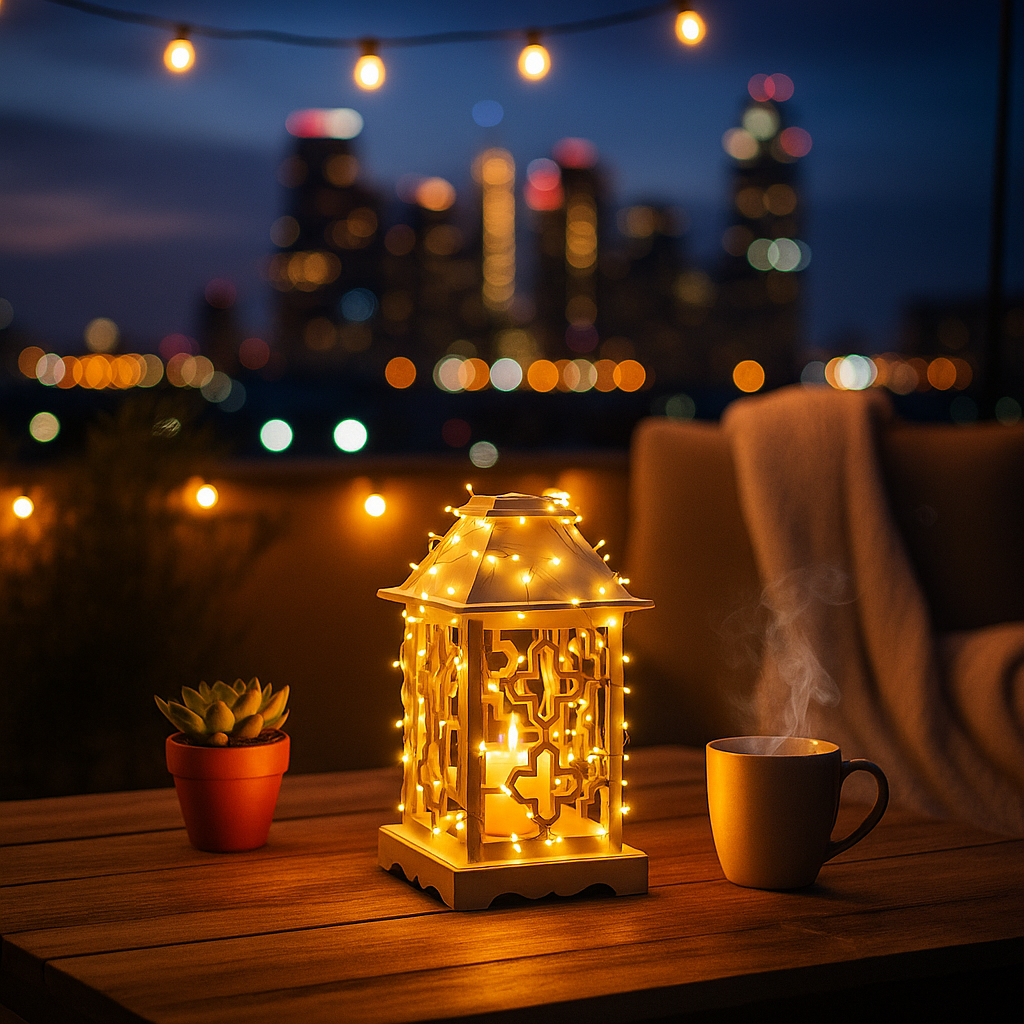 Decorative lantern with string lights on a table with a cityscape in the background