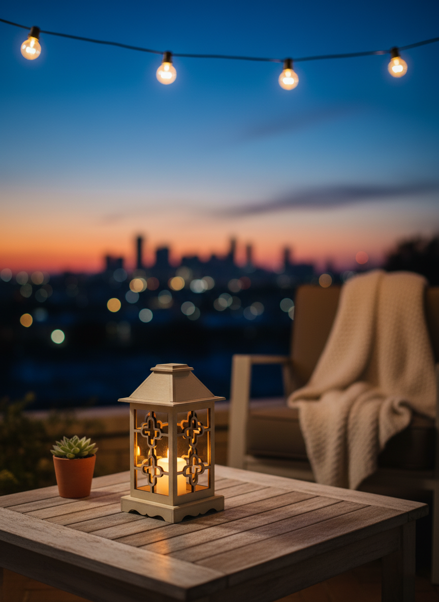 Geometric Pattern MDF Candle Holder – Balcony Evening Setup
