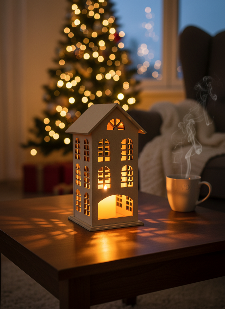 House-shaped MDF candle holder on coffee table with Christmas tree in background