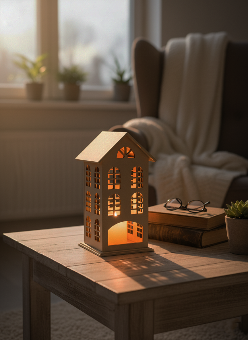 Decorative MDF lantern with candle glowing, cozy living room setup