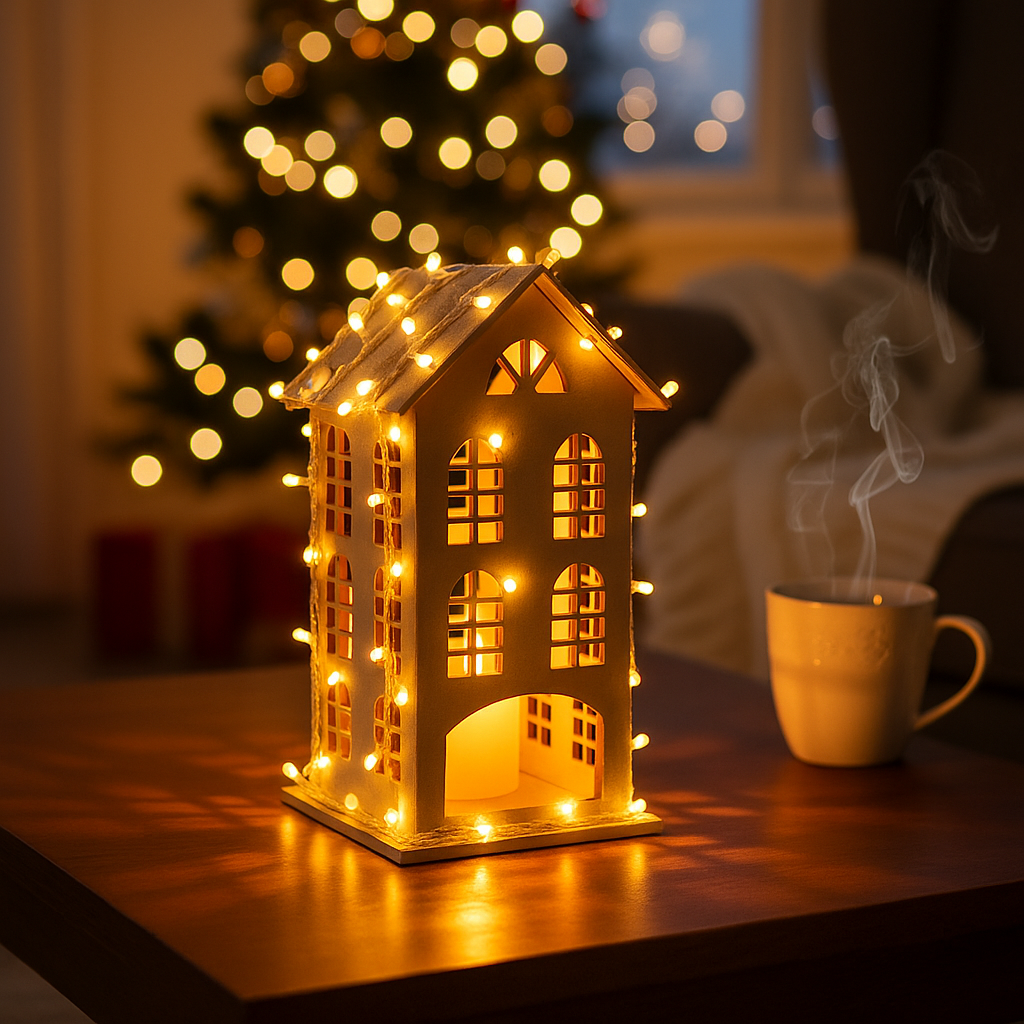 Decorative house-shaped lamp with string lights on a table, with a cup of steaming coffee and a blurred Christmas tree in the background.