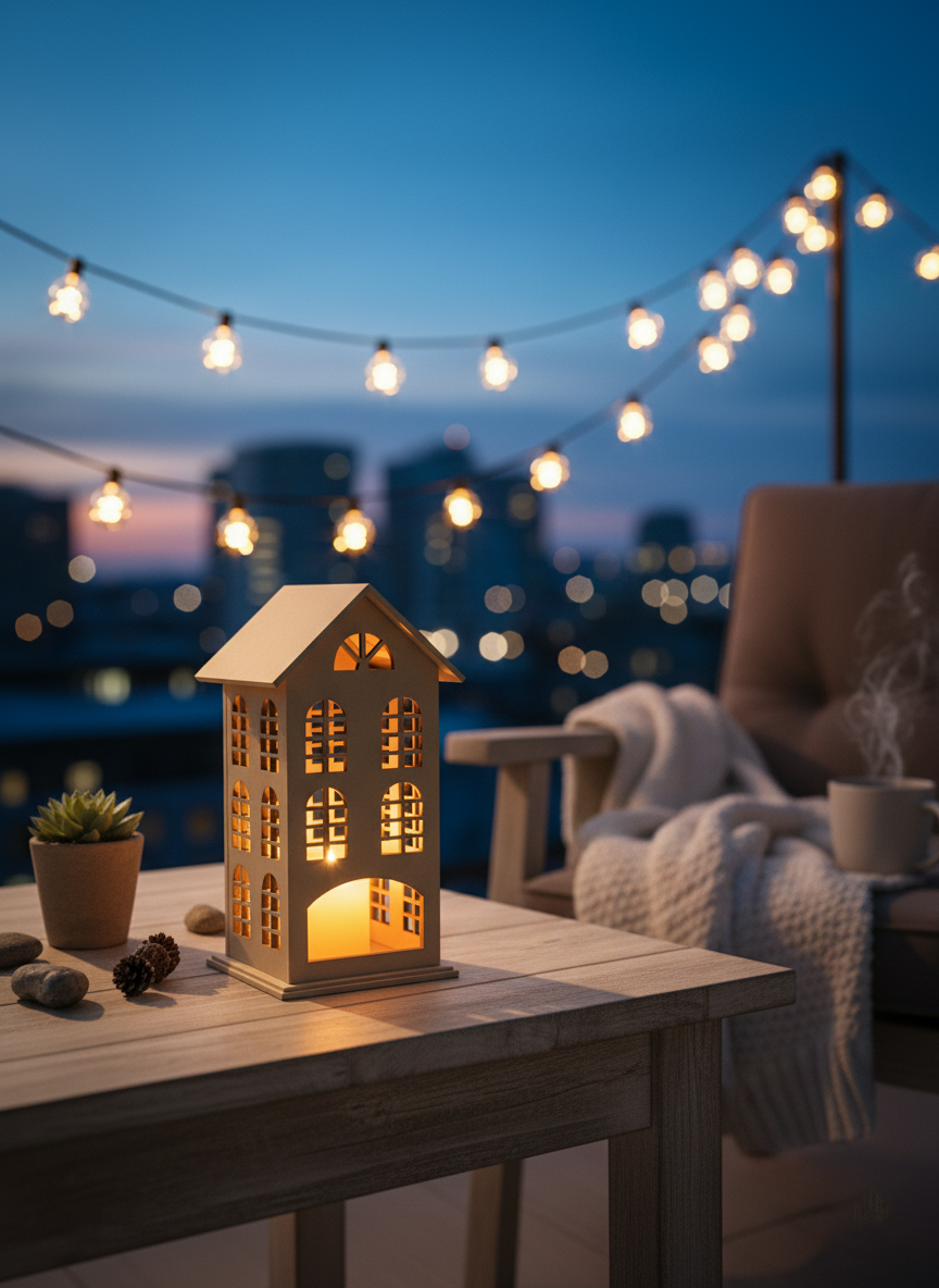 House-shaped MDF lantern placed outdoors on balcony table with warm lighting