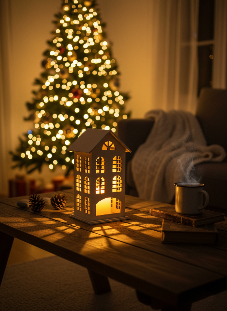 Festive MDF candle holder with glowing light and holiday ambience
