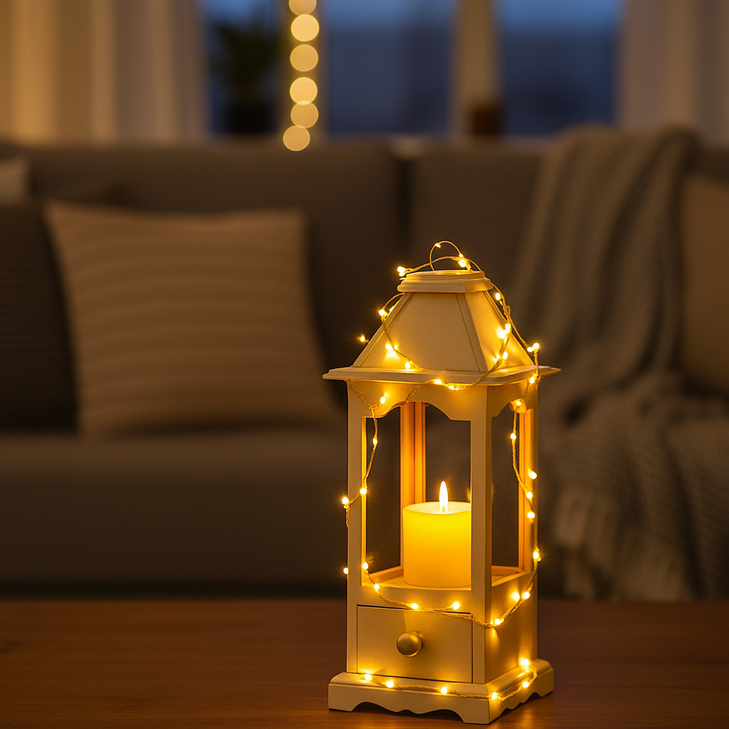 Decorative lantern with a lit candle on a table in a cozy living room setting.