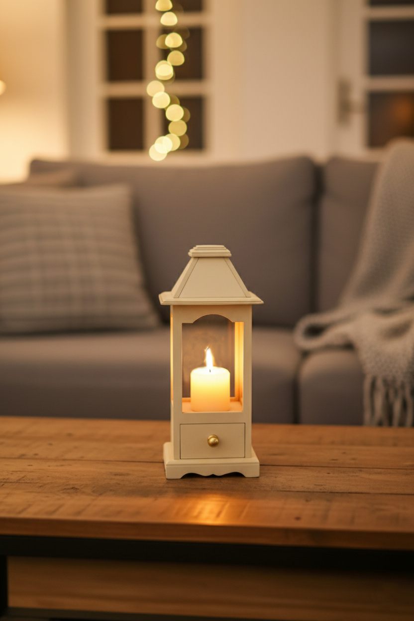 Cozy living room with a glowing candle lantern on wooden table