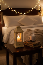 Simple MDF house candle holder on light wood coffee table 