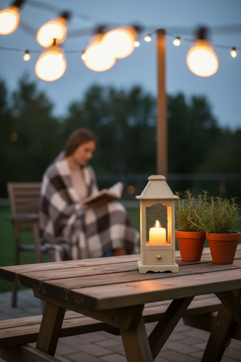 Outdoor table with candle lantern under string lights