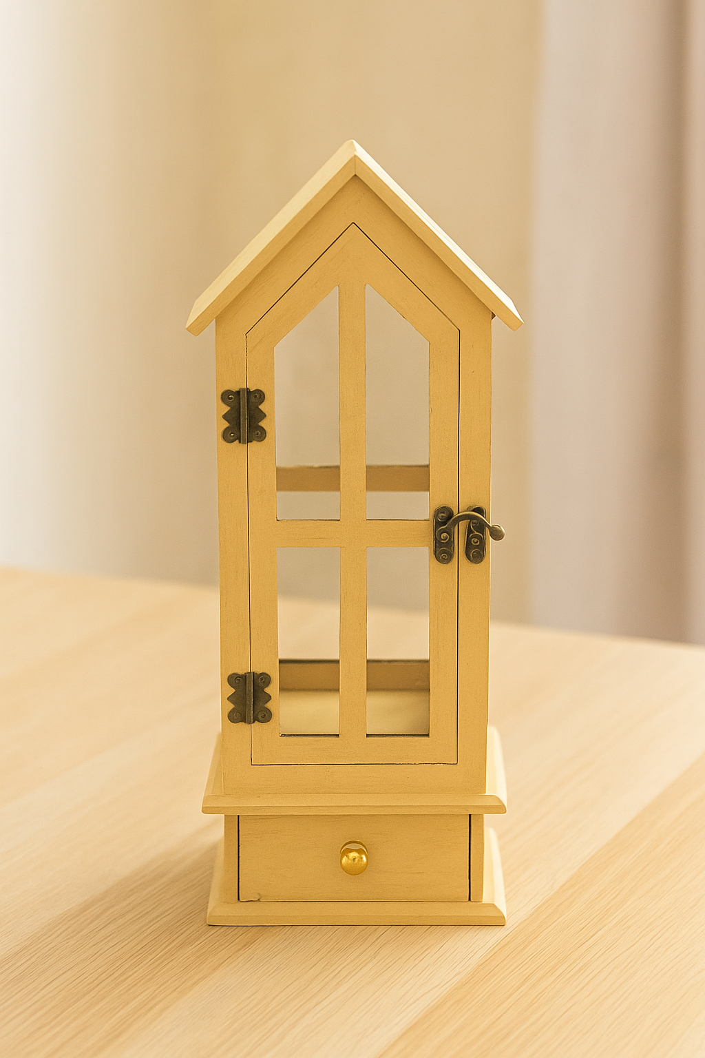 MDF house-shaped lantern with pitched roof, window cutouts, latch door, and drawer – wooden finish candle holder for festive and home décor