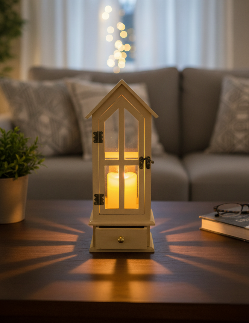 Cozy living room with a glowing candle lantern on wooden table