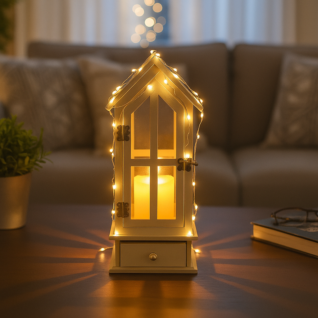 Decorative lantern with string lights on a table in a living room setting