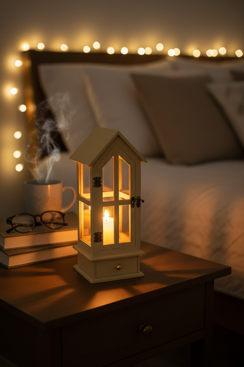 Warm bedside table with lit candle lantern and books