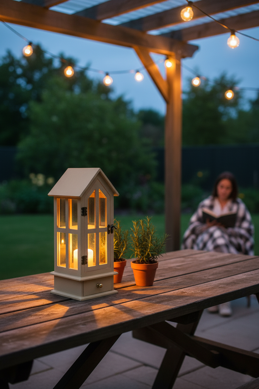 Outdoor wooden table with candle lantern under string lights