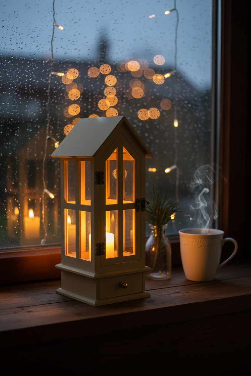 Candle lantern on rainy window sill with warm light and coffee cup