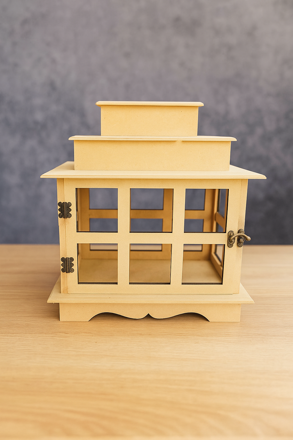 MDF rectangular lantern with window cutouts and latch door – decorative candle holder for festive and home décor